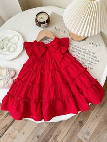 SHEIN 女婴可爱休闲宽松红色荷叶边飘逸袖连衣裙