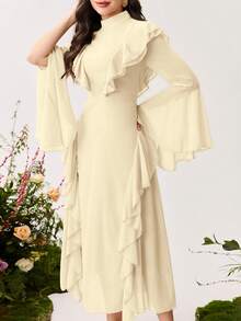 Modelyn 女士荷叶边喇叭袖长款修身连衣裙 - 黃色 - 查看 4