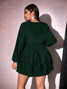 Viva Relle Plus Size Solid Color V-Neck Ruffle Hem Elegant Long Sleeve Dress,Valentine - Dark Green - View 2