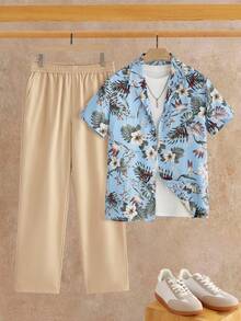 HIMLAND Men's Vacation Casual Party Printed Short Sleeve Shirt And Elastic Waist Pants Set