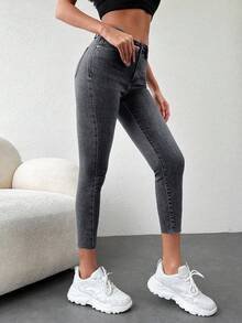 EURMUSE 97% Cotton Solid Skinny Cropped Jeans - Dark Grey - View 3