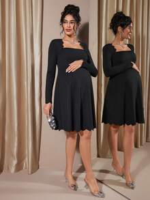 Momance Elegant Maternity Dress With Square Neckline And Ruffle Hem - Black - View 3