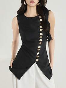 Heiryn 女士圆领金属单排扣不对称下摆时尚百搭无袖衬衫 - 黑色 - 查看 2