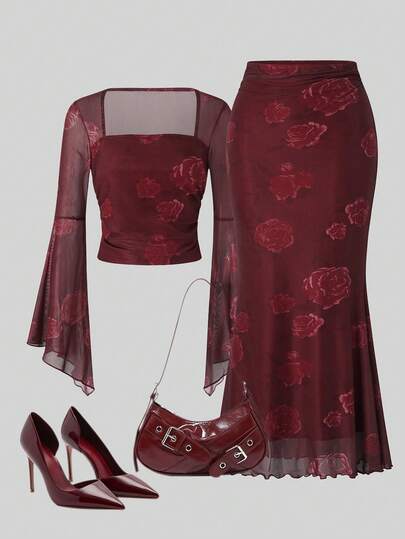 SHEIN Franclia 2pcs/Set Women Rose Print Bandeau Top And Mermaid Skirt (Irregular Print)