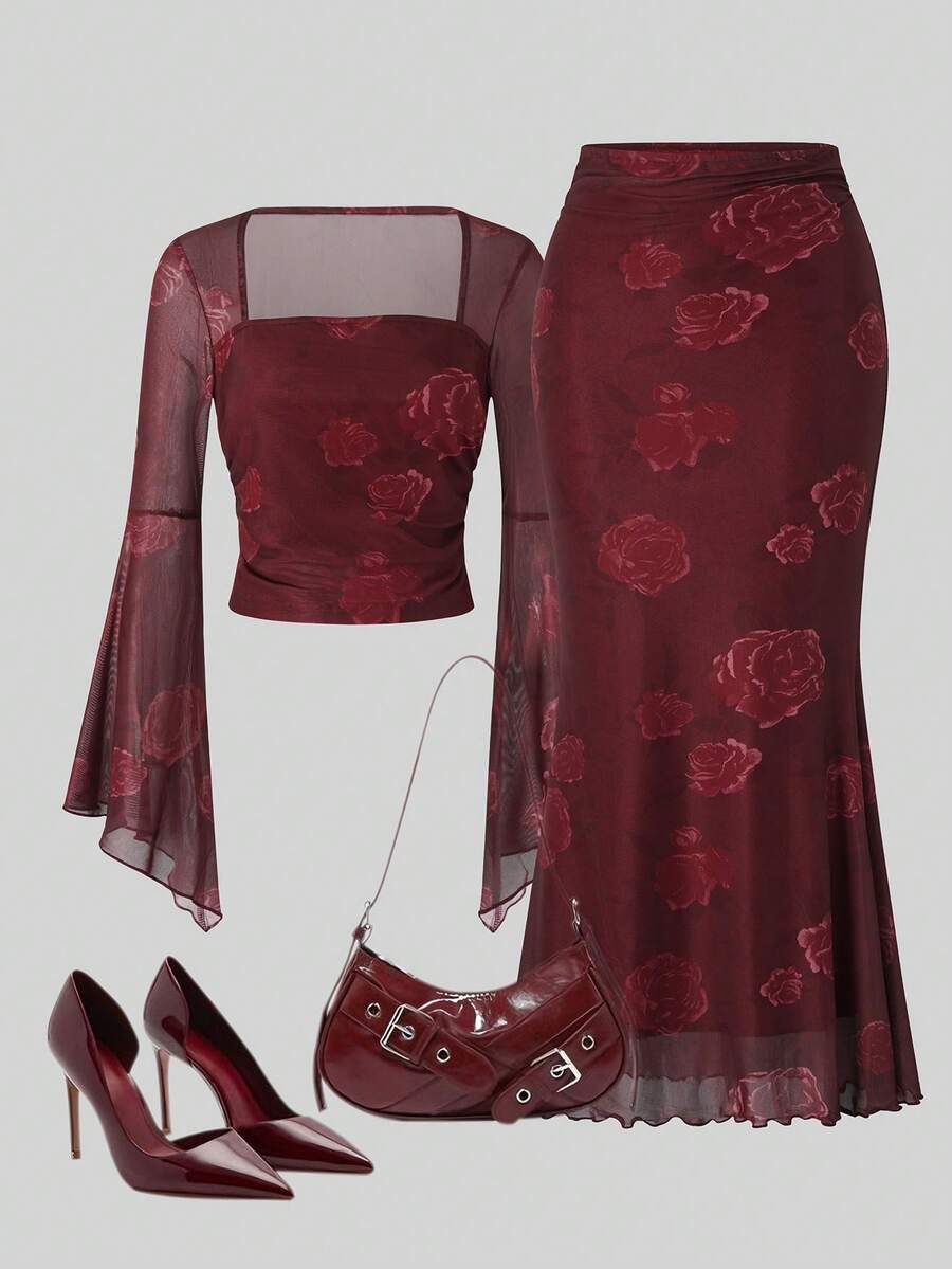 SHEIN Franclia 2件套 女士玫瑰印花抹胸上衣和美人鱼裙（不规则印花） - 玫瑰紅 - 查看 1