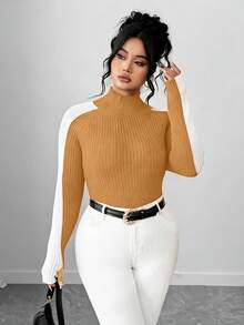 Elenzga Plus Size Slim Fit Color Block Turtleneck Long Sleeve Sweater - Camel - View 4
