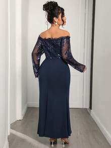 Modelyn Vestido longo de manga comprida, ombros à mostra, elegante, com glitter e lantejoulas, justo ao corpo, para mulheres plus size, adequado para uso em festas, passeios e reuniões familiares - Azul - Visão 2