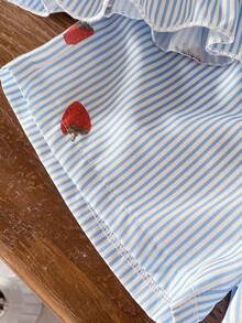 SHEIN Baby Girl Striped Strawberry Print Round Neck Ruffle Hem Top And Elastic Waist Shorts Casual Holiday Outfit Set Baby Girl Clothes Baby Girl Strawberry Clothes - Blue - View 7