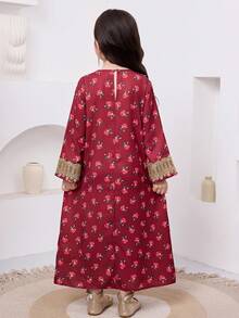 SHEIN 少女碎花宽松圆领休闲连衣裙 - 紅色 - 查看 4