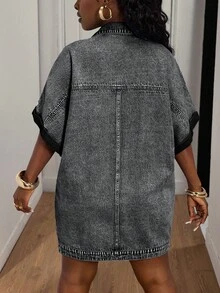 Slaydiva 大码女式翻领单排扣时尚街头风派对牛仔连衣裙 - 黑色 - 查看 3