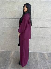 Hitanina 2 件套女士混纺侧开衩宽松衬衫和高腰阔腿裤优雅商务休闲女装 - 酒紅色 - 查看 4