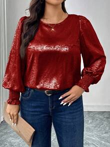 SHEIN LUNE Áo cánh tay bồng cổ tròn họa tiết lá kim loại - Màu Đỏ Sâu - Xem 9