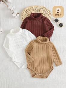 SHEIN 3件套男婴高领罗纹保暖连体衣套装，棕色系，适合秋冬季节，包含带按扣裆部的连脚连体衣 - 彩色 - 查看 7