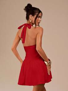 SHEIN BAE 白色V领修身迷你连衣裙，优雅白色连衣裙，沙滩度假连衣裙，毕业季及返校季白色连衣裙 - 紅色 - 查看 2