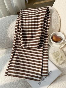 Girls' Casual Striped Pleated Waist Wide-Leg Pants With Striped Print, Brown Striped Flared Pants, Suitable For Daily Outings, Spring And Autumn Pants - Brown - View 5