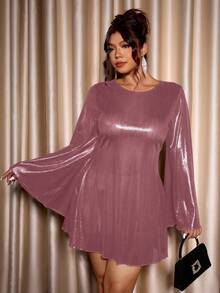 Cravure 大码女装春秋新款，魅力时尚性感圆领纯色喇叭袖镂空系带亮面A字迷你裙，适合派对、正式晚宴、约会、鸡尾酒会等场合。 - 淺粉色 - 查看 6