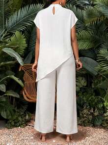 SHEIN Lady 大码女式纯色立领不对称下摆衬衫和阔腿裤休闲两件套 - 白色 - 查看 2