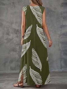 EMERY ROSE Women's Army Green Woven Fabric Boho Maxi Dress With V Neck Sleeveless Design Random Feather Print And Split Thigh,Casual - Army Green - View 2