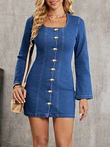 Elenzga Front Button Fitted Long Sleeve Casual Versatile Women Denim Dress - Blue - View 8