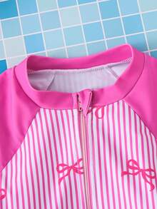 SHEIN Emery Rose Kids 少女夏季海滩度假长袖可爱蝴蝶结条纹印花连体泳衣 - 白色 - 查看 8