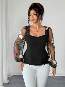 Elenzga 男士加大码短袖衬衫，优雅针织面料，网眼拼接，花卉刺绣，修身剪裁，适合办公室、下午茶等场合穿着。 - 黑色 - 查看 3