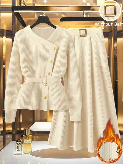 GlowEve Women's Casual Solid Color Cardigan And Knit Skirt 2 Pieces Set, Autumn/Winter