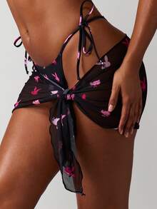 Missguided x Playboy 网纱沙滩罩衫，兔子印花，系带设计，适合夏季度假沙滩泳池派对 - 黑色 - 查看 1