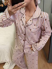 Dream Adore Heart Striped Print Lapel Long Sleeve Pajama Set - Brown - View 3