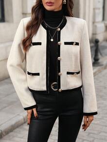 Ellevyn Women's Elegant Contrast Color Black And White Crew Neck Long Sleeve Fashionable Short Jacket Winter  Christmas New Year Thanksgiving Graduation Elegant Formal - Apricot - View 4