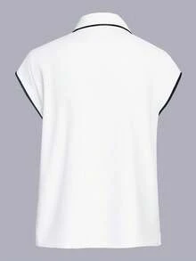 EMERY ROSE Women's Contrast Color Polo Collar Short Sleeve Top - White - View 2