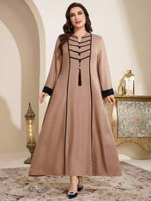 Al Najma Plus Size Women's Contrast Color Long Sleeve Arabic Style Dress - Khaki - View 1
