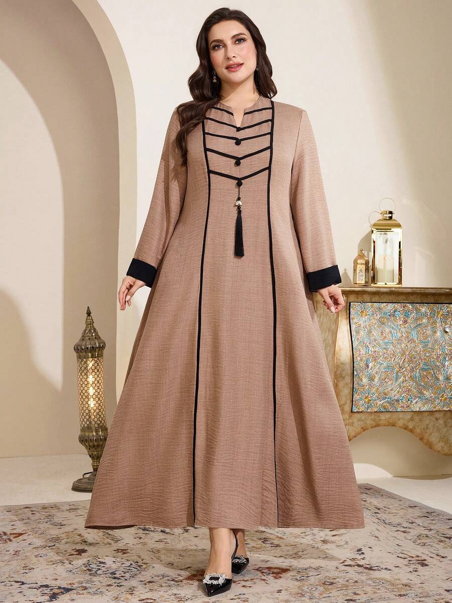 Al Najma Plus Size Women's Contrast Color Long Sleeve Arabic Style Dress - Khaki - View 1