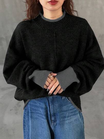 FRIFUL 女士撞色圆领两件套落肩长袖宽松休闲套头毛衣，秋季款