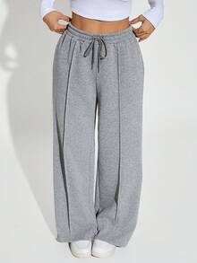 SHEIN PETITE 女士纯色抽绳腰阔腿宽松休闲运动裤，适合毕业季、返校季穿着，也适合教师穿着。 - 彩色 - 查看 7