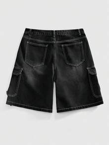 ROMWE MEN 男士十字绣工装牛仔短裤 - 黑色 - 查看 3