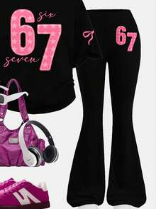 2 peças/Conjunto Camiseta de Manga Curta de Gola Redonda Ajuste Solto e Calça Flare para Adolescentes, com Estampa Engraçada de Número 67 Rosa e Laço, Estilo Streetwear, Adequado para Casual, Campus, Exterior, Casa