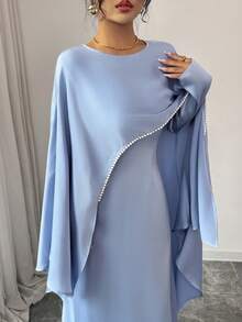 Rafferiza Women's Elegant Solid Color Faux Pearl Trim Cloak Shawl Style Maxi Dress, Muslim Abaya, Baby Blue, Suitable For Wedding Guests, Formal Occasions, Gentle And Graceful Style Elegant Women's Long Blue Fabric Dress With Asymmetrical Cloak Sleeves And Shining Pearl Detail Scoop Neck - Blue - View 3