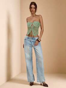 SHEIN BAE 女士系带露肩性感抹胸上衣 - 薄荷綠 - 查看 6