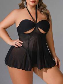 SpicyHot 1 Bộ đồ lót hở lưng lưới gợi cảm cỡ lớn kèm dây buộc nơ có gọng + quần lọt khe chữ T - màu đen - Xem 6