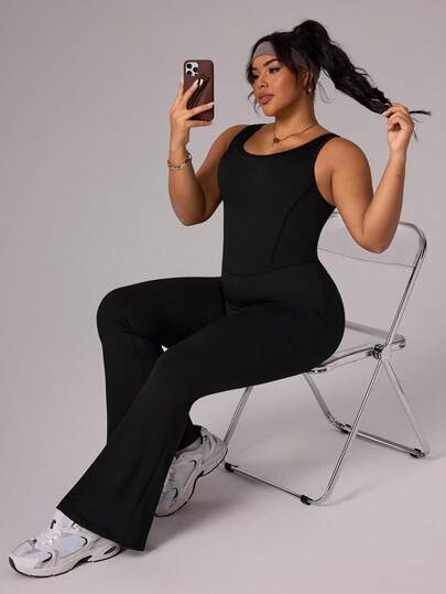 Rhythm Era Plus Size Women's Black Sleeveless Jumpsuit, High Waist U-Neck U-Back Design, Suitable For Casual, Gym, Yoga, Running, Spring/Summer