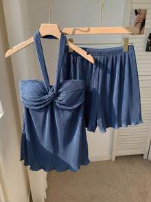 Comfortcana Solid Color Pleated Neck Halter Top & Shorts Set For Summer - Blue - View 11