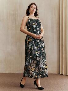 Anewsta Elegant Floral Beaded Midi Dress With Colorful Patterns, Plus Size For Party - Black - View 6