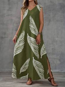 EMERY ROSE Women's Army Green Woven Fabric Boho Maxi Dress With V Neck Sleeveless Design Random Feather Print And Split Thigh,Casual - Army Green - View 5