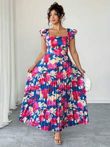 Elenzga Vestido largo de mujer talla grande con estampado floral, cuello cuadrado, mangas con volantes, cintura fruncida y estilo vintage francés versátil para vacaciones y citas - Multicolor - Ver 6