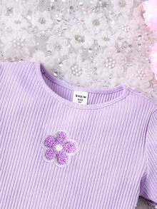 Tween Girl Basic Casual Knit Round Neck Fitted Butterfly Applique Mini Dress, Spring/Summer - Purple - View 3