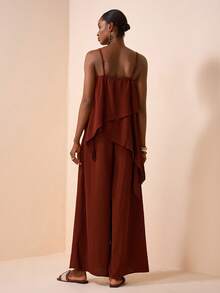 Zivah 2026 Spring/Summer New Valentine's Day, Music Festival, Easter, Western, Nomadic, Bohemian, Nashville Inspired Party, Wedding, Evening, Date, Gathering, Birthday, Collegiate, Student, Daily Casual, Versatile, Leisure, Cruise Travel, Beach, Sunbathing, Elegant, Commute, Business Casual Loose Camisole Top + Wide Leg Pants Set, Real Pockets, Brown 2-Piece Set, Spring/Summer Set, Vacation Set, Casual Set, Women's 2-Piece Outfit - Rust Brown - View 3