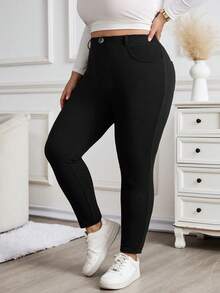 SHEIN CURVE+ Plus Size Women High Waist Solid Color Pants, Suitable For Daily Wear/Winter Baggy - Black - View 3