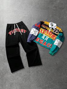 ROMWE MEN Men's Letter Print Polo Collar Long Sleeve T-Shirt And Drawstring Waist Long Pants Sports Outfit - Multicolor - View 3