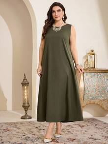 Al Najma 大码女式花卉刺绣长袖宽松阿拉伯长袍套装 - 軍綠色 - 查看 7