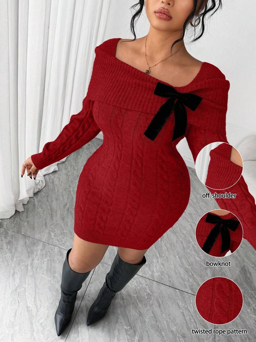 SHEIN Elenzya 大码女式纯色露肩扭结针织毛衣连衣裙 - 紅色 - 查看 1
